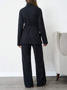 SHEIN Tall 100% Cotton Solid Color Turtleneck Casual Sweater 2pcs/Set - Black - View 2