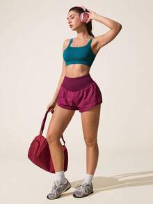 SHEIN Sports 女士简约纯色罗纹无缝镂空后背运动文胸 - 墨綠色 - 查看 7
