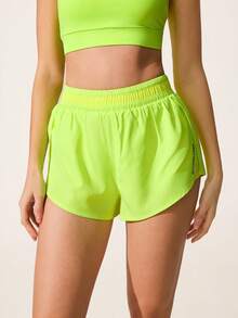SHEIN Sovereign Charm Quần short thể thao dáng ôm, đa năng, màu vàng neon, phối lưới, có túi. - Màu vàng - Xem 3