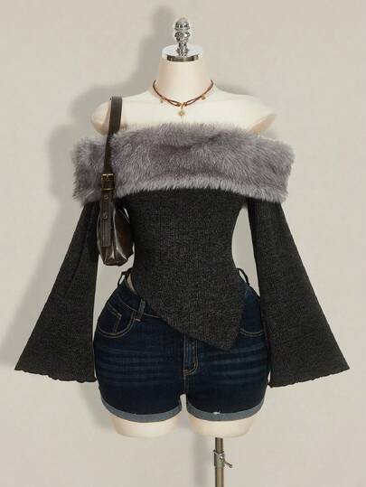 SHEIN ICON 大码高领拼接露肩棕色Y2K复古针织上衣