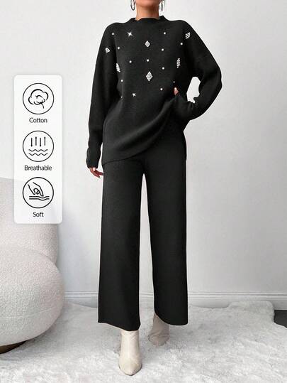 EURMUSE Women's Pearl Beaded Knit Sweater 2pcs/set