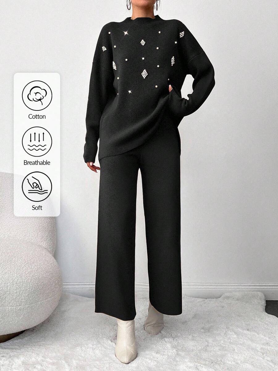 EURMUSE Women's Pearl Beaded Knit Sweater 2pcs/set - Black - View 1