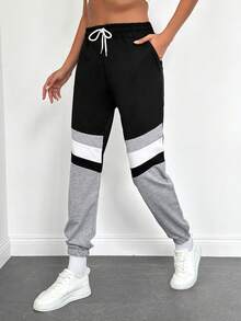EURMUSE Pantalones de chándal con bloqueo de color, cintura con cordón y bolsillo en diagonal - Negro - Ver 4