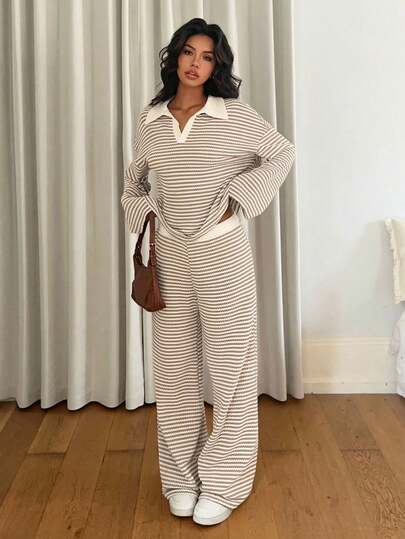 Siren Gaze Women's 2pcs Set Loose Striped V-Neck Drop Shoulder Long Sleeve T-Shirt &Elastic Waist Striped Pants, Winter Sweater Suit , Spring Break Outfits Striped Women Comfy Comfortable Casual Comfortable Two Piece Set