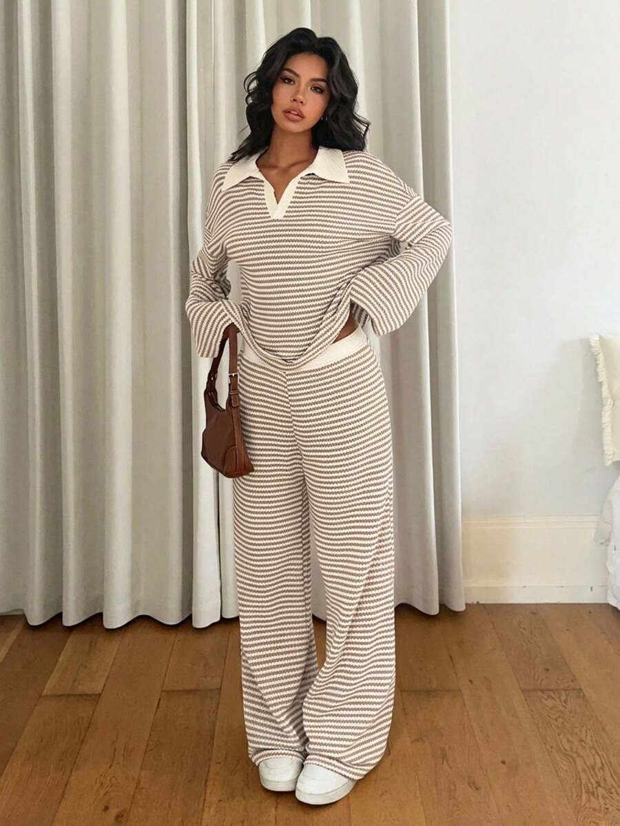 Siren Gaze 女士两件套宽松条纹V领落肩长袖T恤和松紧腰条纹裤，冬季毛衣套装，秋冬季 - 彩色 - 查看 1