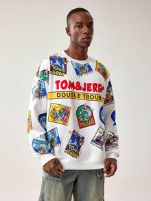 TOM & JERRY X SHEIN 男士休闲卡通字母图案圆领卫衣，秋季款 - 白色 - 查看 4