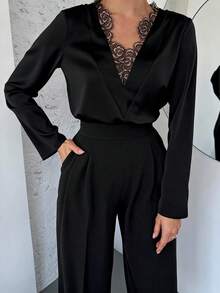 Firerie 新款优雅浪漫情人节白色深V领蕾丝拼接长袖办公衬衫 - 黑色 - 查看 7