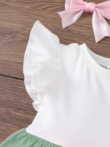 SHEIN 女婴针织撞色圆领荷叶边下摆修身连衣裙 - 彩色 - 查看 6
