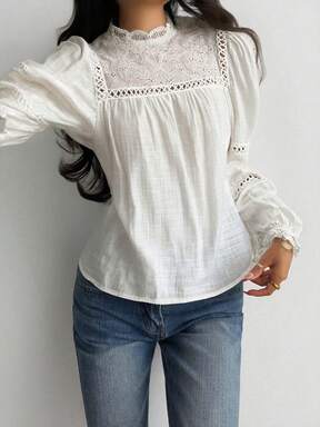 Tonårsflicka Semester Casual Enfärgad Ihålig Broderad Patchwork Skjorta