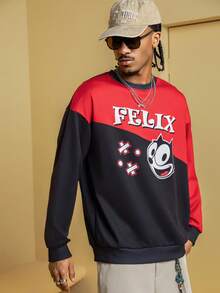 SHEIN Felix The Cat بلوزة رجالية كاجوال بياقة طاقم بطبعات حرفية وكرتونية ملونة، موسم الخريف - الأسود - مشاهدة 4