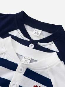SHEIN Playful Pals 2pcs Baby Boys' Casual All-Match Embroidered Contrast Color Raglan Long Sleeve T-Shirt Tops Baby Boy Tops Baby Sailor Navy Outfit Baby Boy Full Sleeve Tshirts Toddler Striped Shirt