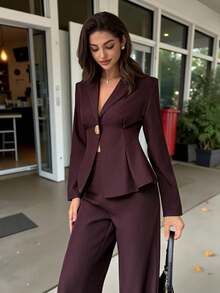 Firerie Women's Casual And Elegant Suit Jacket And Wide-Leg Pants Set, With A Fitted Top And Metal-Buckled Fitted Blazer/Purple Suit/Suit Suitable For Office And Commuting. (Keywords: Autumn Women's Wear, Autumn Outfits, Back To School Season, Business Casual Women's Wear, Retro Style Women's Wear, Office Wear, Outfits, Autumn Women's Wear, Vintage Style Suit) - Mocha Brown - View 6