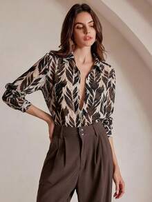 Anewsta 复古优雅树影植物叶子热带印花雪纺薄纱宽松长袖女式衬衫 - 黑色 - 查看 5