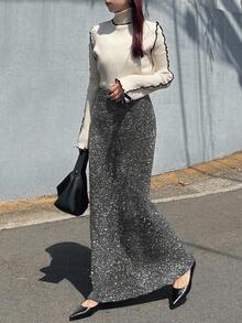 FRIFUL 女士弹力腰直筒亮面纱线毛衣裙 - 灰色 - 查看 2