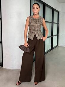 Lavishia Chaleco de mujer a cuadros de primavera, adecuado para ir al trabajo, salidas, reuniones, blusa versátil - Café integral - Ver 3