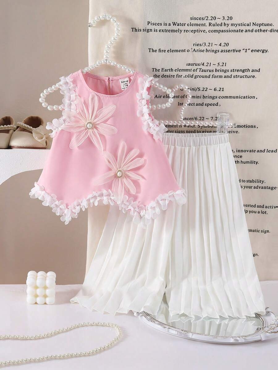 SHEIN Baby Girl Casual Vacation Cute Pink 3D Floral Asymmetric Hem Loose Tank Top And Elastic Waist Pleated Wide Leg Pants Set - Pink - View 1