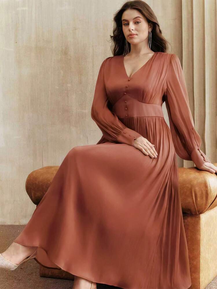 Valentine Vintage French V-Neck Lantern Sleeve Long Dress With Waist Tie And Pleated Loose Elegant Dress
