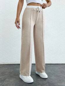 EURMUSE Drawstring Waist Pants - Beige - View 4