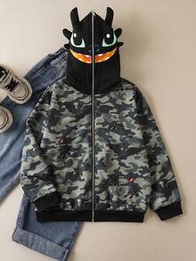 SHEIN How to Train Your Dragon Tween Boy Casual Dragon & Camouflage Print Zip-Up Sweatshirt, Autumn - Black - View 1