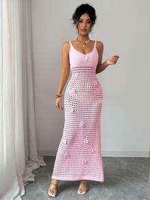 SHEIN Elenzya 女士无袖花卉装饰镂空针织长裙 - 粉色 - 查看 4