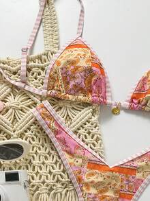 Swim Mod Women's Random Print Halter Metal Decor Bikini Set, Spring/Summer - Multicolor - View 5