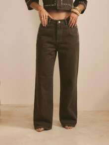 Aralina Pantalón vaquero de tiro bajo con detalles de tachuelas, para invierno/verano - Marrón Chocolate - Ver 6