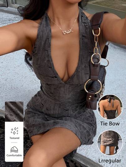 SHEIN Unity 女士复古深V领露背系带纹理针织连衣裙