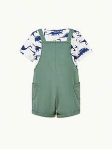 Cozy Pixies Baby Boy Dinosaur Print Tee & Letter Patched Detail Dual Pocket Pinafore Romper - Multicolor - View 2