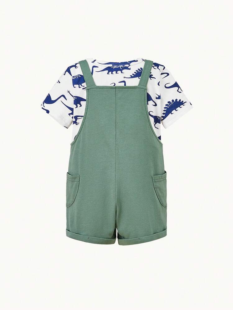 Baby Boy Dinosaur Print Tee & Letter Patched Detail Dual Pocket Pinafore Romper