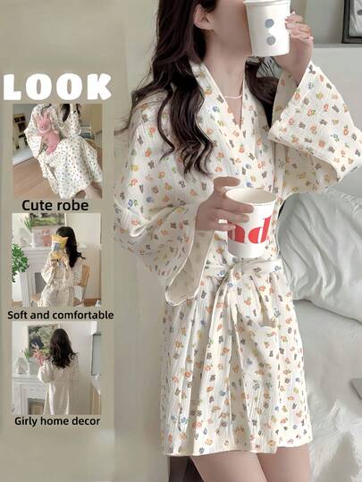 1PC Women's Robe - Minimalist European Style Long Sleeve Sleepwear Loungewear, Flower Bear Print, Lightweight Thin Material, Solid Color, Spring Autumn Summer Home Bathrobe, Petite To Plus Size, Wedding Party, Spa Bathroom Decor