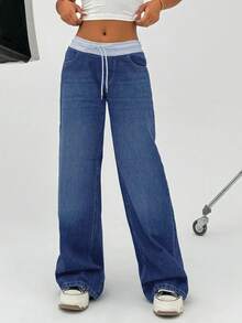 EURMUSE 女士短裙年轻低腰阔腿宽松牛仔裤 - 淺灰色 - 查看 4