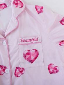 Girls' Fashionable Cute Heart & Diamond Print Cardigan & Pants Pajama Set - Pink - View 8