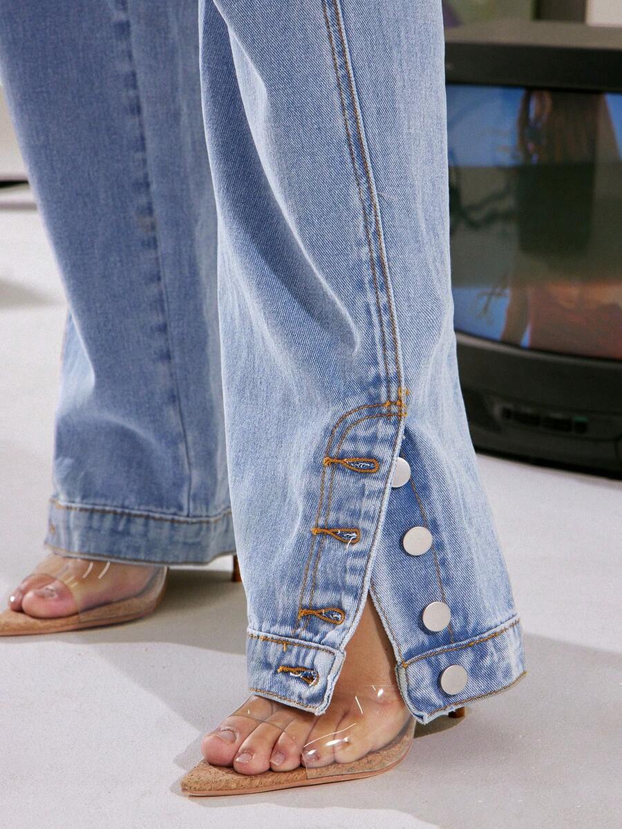 Denimoi Straight Leg Ankle Slit Button Detail Denim Jeans - Light Wash - View 1