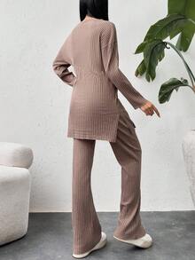 Cotton Drop Shoulder Split Hem Tee & Pants - Brown - View 2