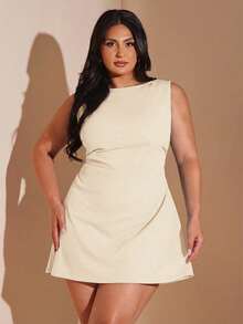 SHEIN BAE Gaun Mini Merah Berkerut untuk Wanita Ukuran Plus, Gaun Liburan Pantai yang Elegan - Aprikot - View 7