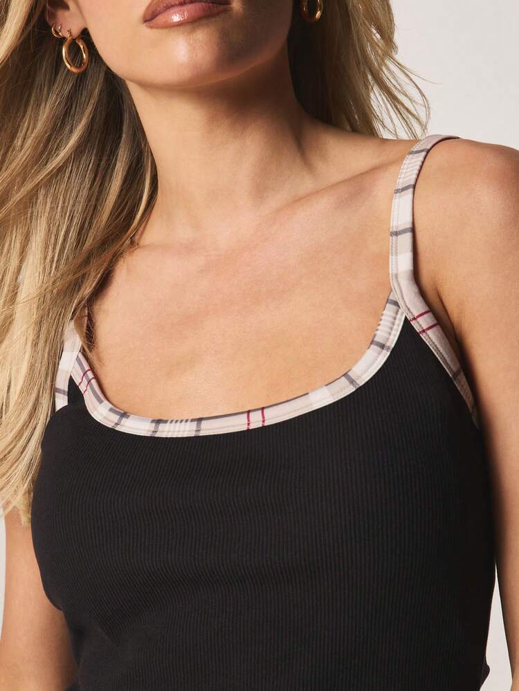 MISSGUIDED Ribbed Cami Tank Top With Checked Contrast Trim Detail Scoop Neck Sleeveless Summer Casual Layering Essential