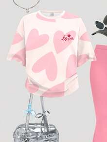 Bộ đồ 2 món dễ thương cho bé gái tuổi teen, gồm áo tay ngắn cổ tròn dáng rộng in hình trái tim hình học trừu tượng và quần ống loe, trang phục thoải mái thường ngày cho mùa xuân/hè, du lịch, kỳ nghỉ, ngày Valentine. - Nhiều màu - Xem 4