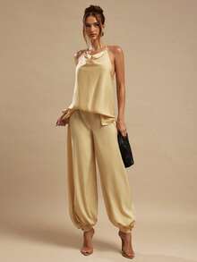 SHEIN BAE Quần satin nữ, quần ống rộng màu vàng gừng thanh lịch, thích hợp cho các buổi đi chơi, ăn trưa, mùa hè, đám cưới, kỳ nghỉ, đi biển. - Màu vàng - Xem 2