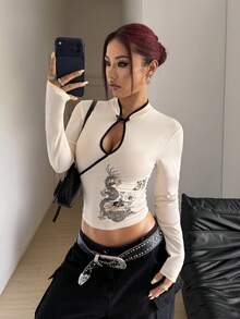 StreetHx Women's Apricot New Chinese Style Button Decor Dragon Print Slim Fit Comfortable Streetwear Y2K Retro 2000s Style Stand Collar Long Sleeve T-Shirt - White - View 3