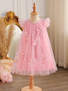 SHEIN Glamorique Kids Váy lưới họa tiết hoa 3D cho bé gái dự tiệc mùa hè và lễ hội. - Hồng - Xem 3