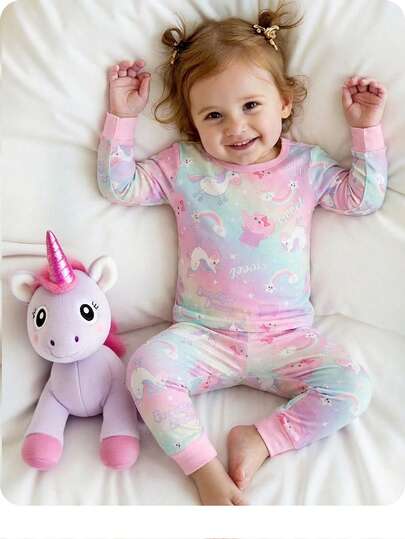 SHEIN Baby Girl Casual Cute Cartoon Pattern Knit Long Sleeve Homewear Bodysuit Set Cute And Casual Cartoon Pig, Unicorn, Pony, Rainbow Gradient Print Knitted Long-Sleeved Loungewear Set For Baby Girls (2 Pieces), Adorable Animal Print Rainbow Print Loungewear, Stylish Letter Pig And Print Pajamas Snug Fit