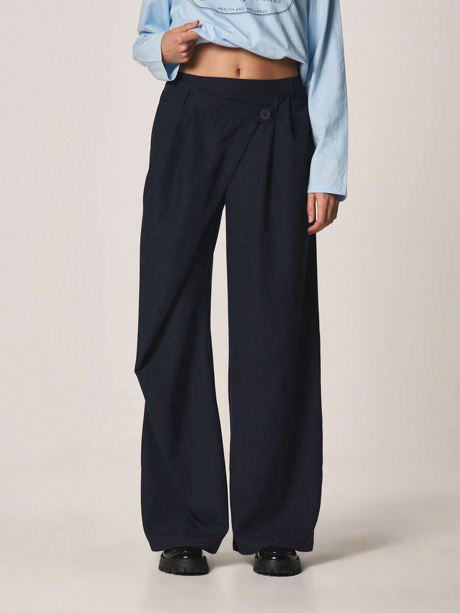 MISSGUIDED Quần tây ống rộng cạp cao, kiểu dáng công sở, có chi tiết khuy cài, thích hợp cho các dịp văn phòng và trang trọng. - Màu xanh hải quân - Xem 1