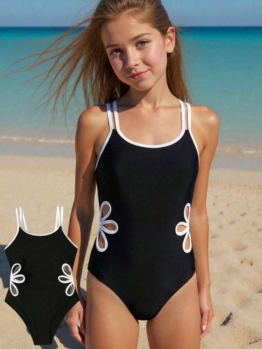 SHEIN Tween Girls' Sexy Beach Vacation Contrast Piping Hollow Out One-Piece Swimsuit - Black and White - View 1