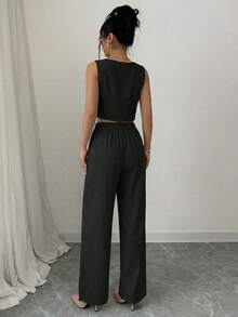 2 piezas Conjunto de top playera asimetrica sin mangas camisa unicolor y pantalon de pierna ancha, pantalon largo de mujer, verano, tela fresca, suave, casual, moda minimalista - negro - Ver 2