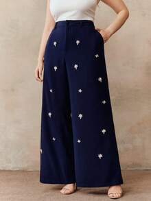 Valentine Anewsta Women's Plus Size Elegant Formal Pants, Chic Luxury Embellished Slim Fit Trousers For Party, Work, Graduation, Wedding, Red Dress - Navy Blue - View 6