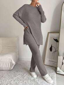 Cottnline 100% 纯棉女士纯色条纹圆领上衣和裤子两件套 - 棕色 - 查看 3