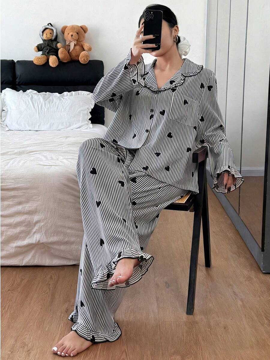 Napfluff CURVE Napfluff CURVE Plus Size Women Mushroom Collar Striped Heart Print Pajama Set - Multicolor - View 1