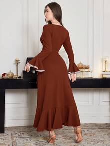 Modelyn Women's Extra Long Flare Sleeve Asymmetrical Ruffle Hem Midi Dress,Coffee Brown Autumn Elegant Dining Spring/Summer Brown Coffee Brown Dress - Rose Red - View 2