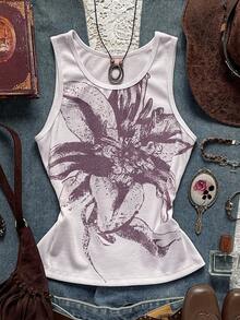 Easelle Casual Floral Print Slim-Fit Tank Top, Summer White Tank Top With Print Pattern, Spring/Summer 2026 Retro Casual Style. - White - View 9
