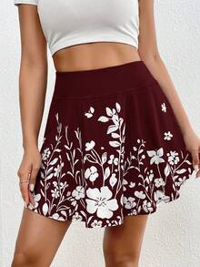 SHEIN Essnce 女士夏季休闲印花高腰短裙，带手机口袋 - 紫紅色 - 查看 5